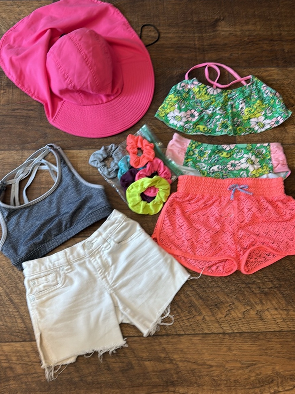 Girls Summer Set - Pink Sun Hat, Green Floral Bikini, Coral Shorts